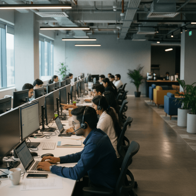 A busy flexible workspace in India with many employees at their desks, focused on computers.