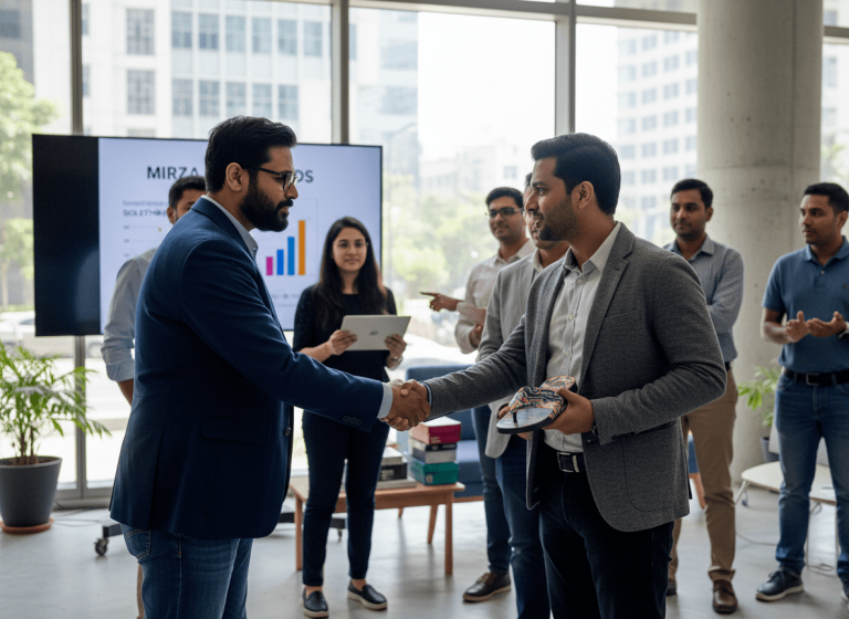 Two executives shake hands in an office, one holding a pair of sandals, with a presentation screen in the background.
