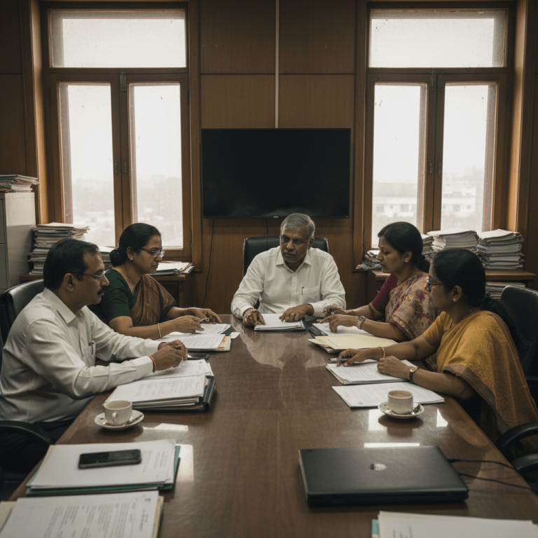 Five Indian government officials, four women and one man, seated around a large wooden table, reviewing documents.