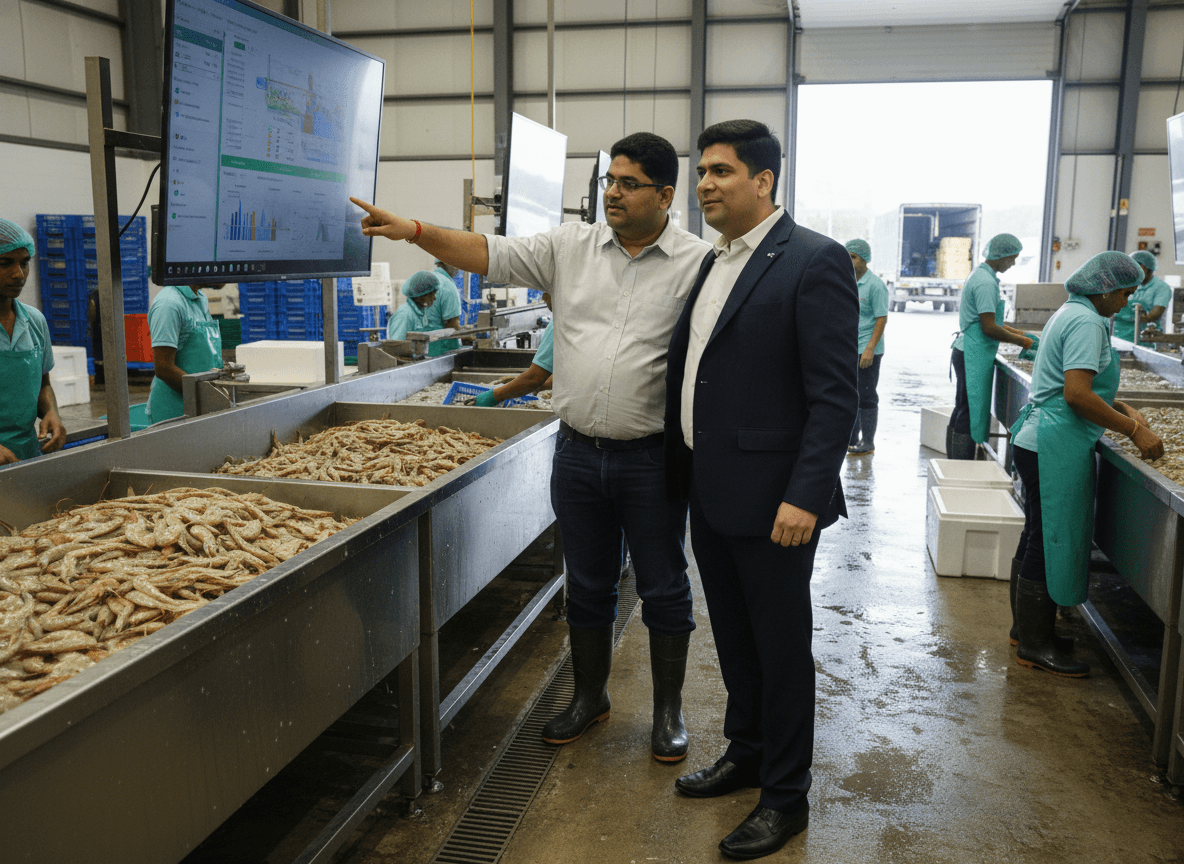 Two executives, one pointing at a large screen displaying data, stand next to vats of shrimp in a bustling processing plant.