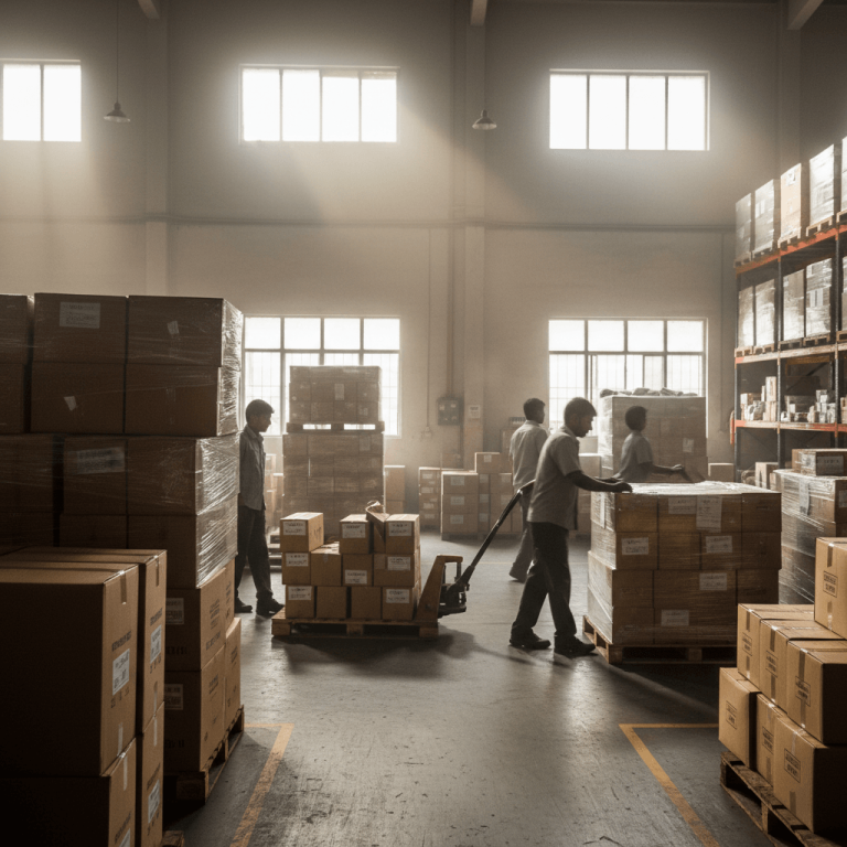 Indian warehouse workers in casual uniforms move stacked boxes on pallets using hand trucks and pallet jacks in a brightly lit industrial space.