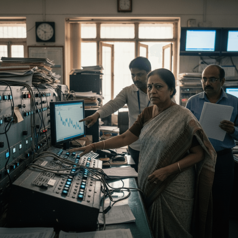 Three Indian broadcasting officials, one woman and two men, look intently at a computer screen showing a downward trend graph.