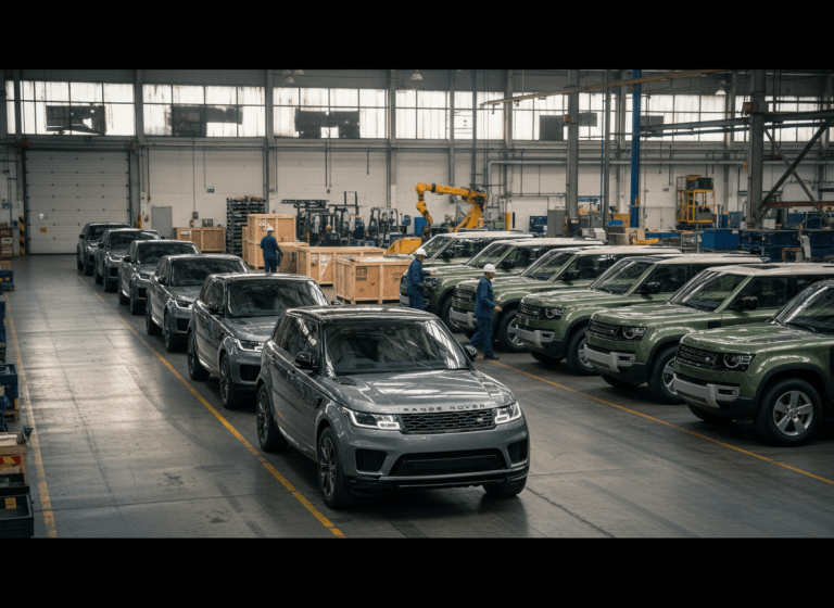 Wide shot of an automotive assembly line with multiple new Range Rover and Defender vehicles lined up.