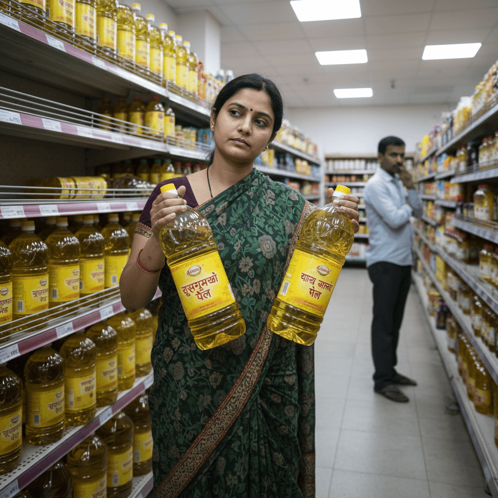 A woman in a sari holds two bottles of sunflower oil, looking thoughtful, in a grocery store aisle. Another man is in the background.