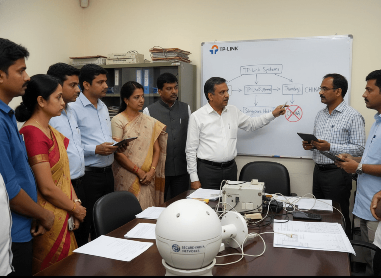 An Indian executive in a white shirt points to a whiteboard diagram, showing a company's non-Chinese ownership structure to a group.