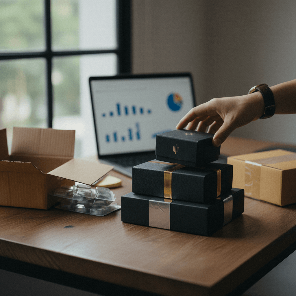 A hand places a sleek black box with a gold ribbon on a wooden desk next to other packages and a laptop displaying a business chart.