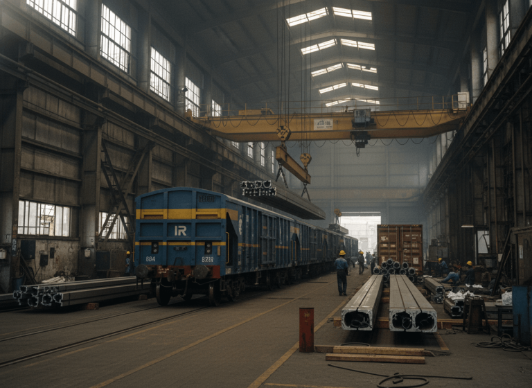 Inside a large, dusty factory, steel rails are loaded onto blue Indian Railways wagons by an overhead crane, with workers nearby.
