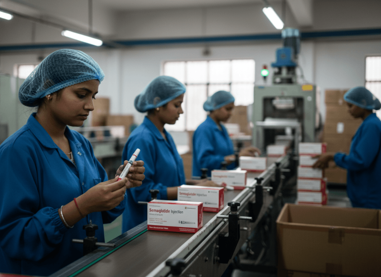 A group of factory workers in blue uniforms and hairnets are on a production line, inspecting and packaging medicine.