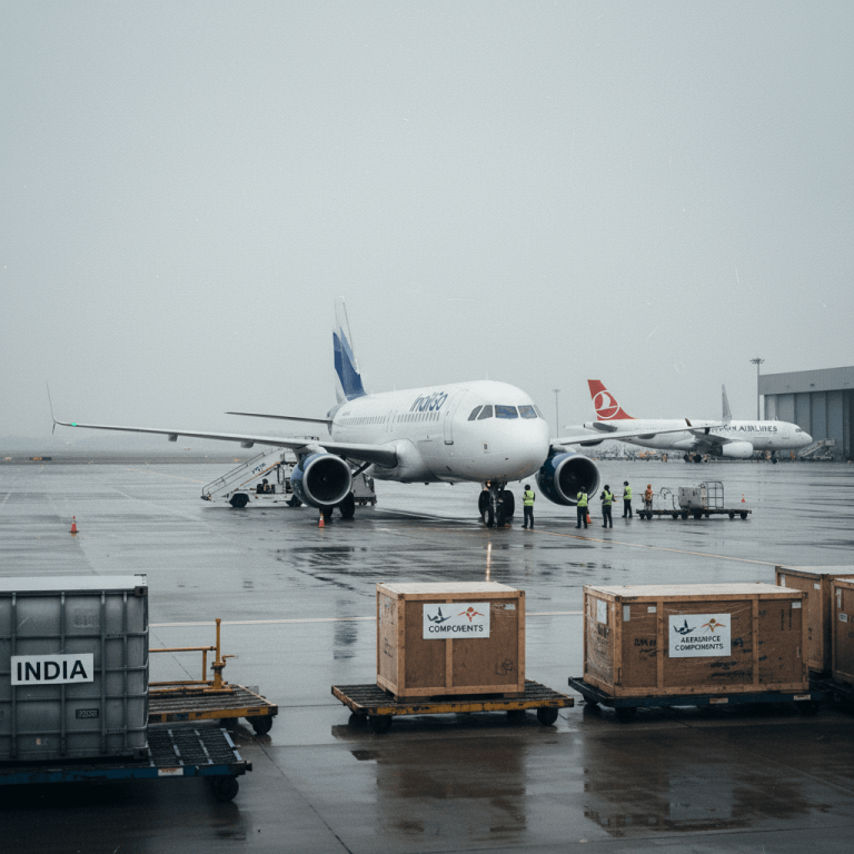 An IndiGo A321XLR aircraft is being serviced by ground crew on a wet tarmac, with Turkish Airlines planes visible.