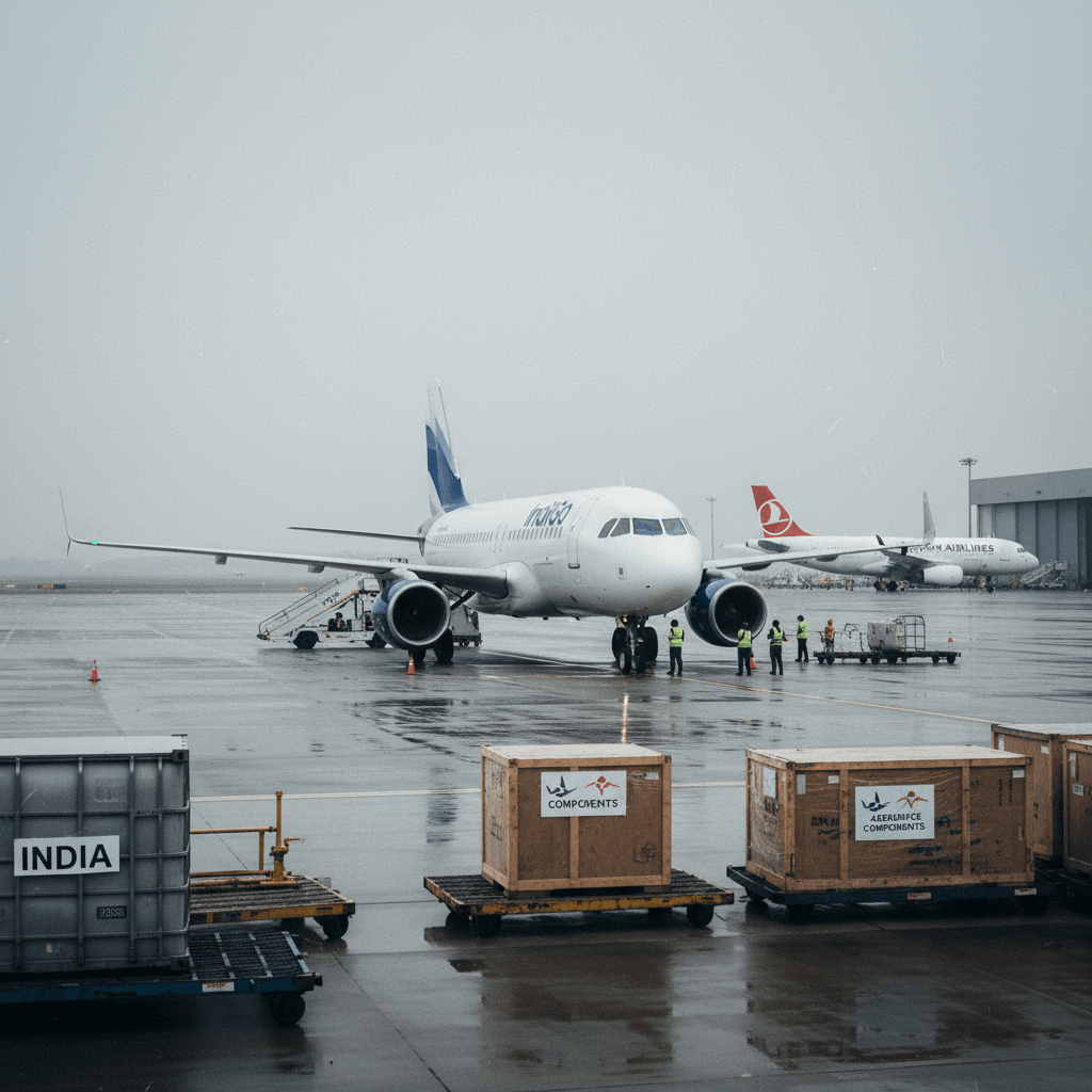 An IndiGo A321XLR aircraft is being serviced by ground crew on a wet tarmac, with Turkish Airlines planes visible.