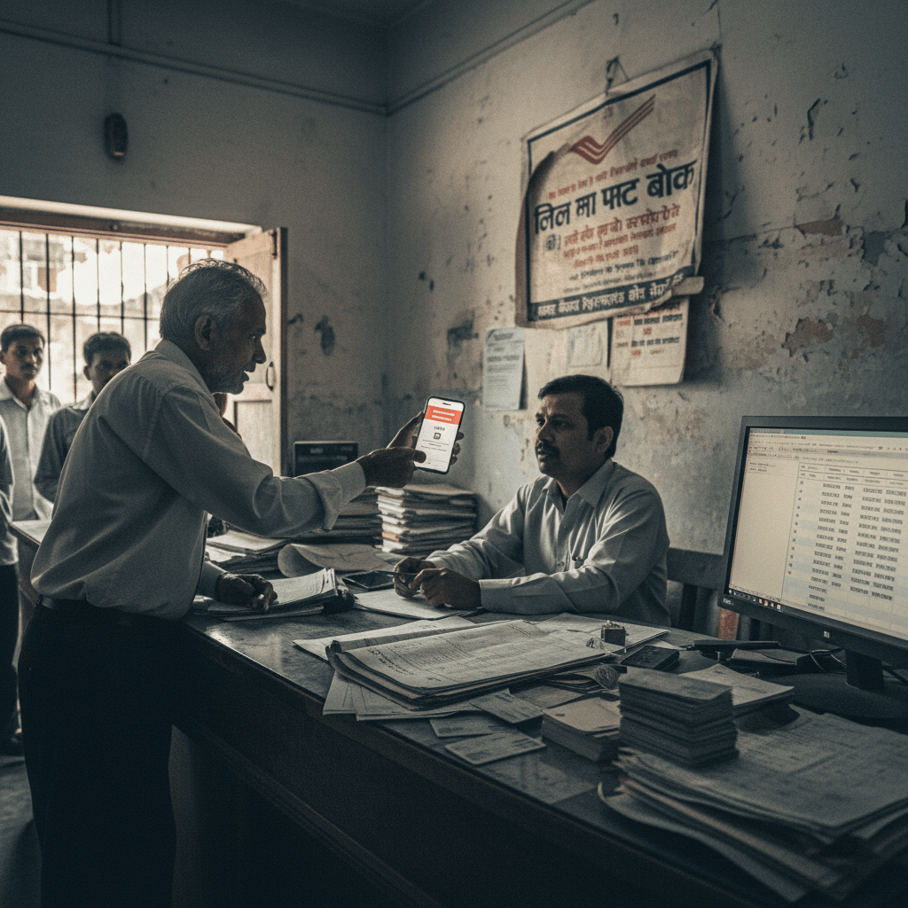 A man holding a smartphone with an error message on screen talks to a bank official across a cluttered counter.