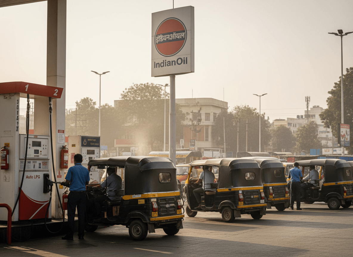 Auto rickshaws line up at an Indian Oil LPG station in Karnataka, with attendants fueling vehicles under a hazy sky.