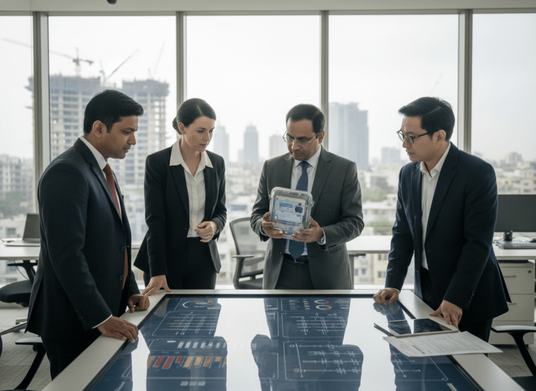 Four professionals in business attire stand around a large interactive table, one holding a smart meter.