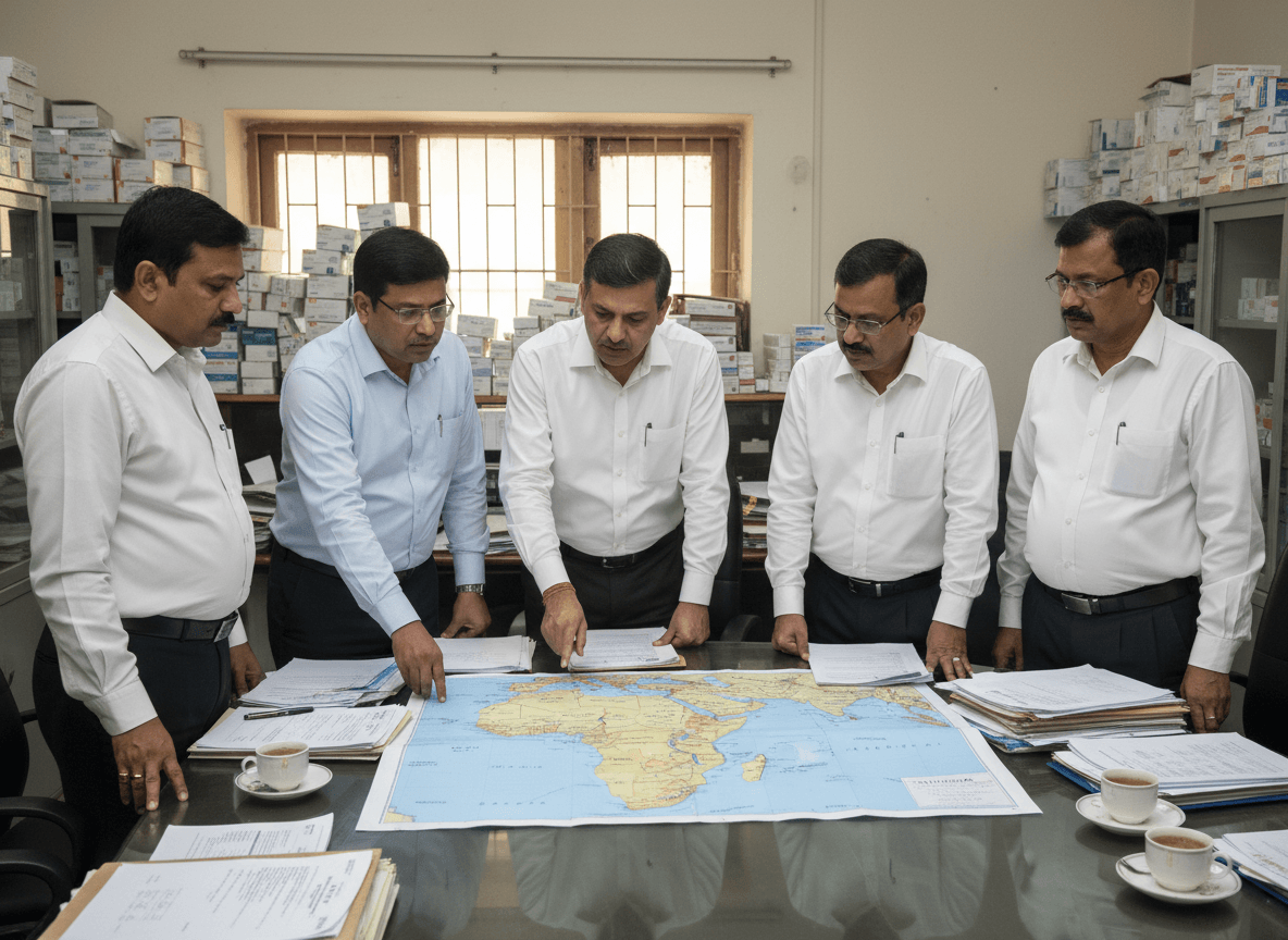 Five Indian government officials in white shirts gather around a map of West Asia, pointing and discussing.