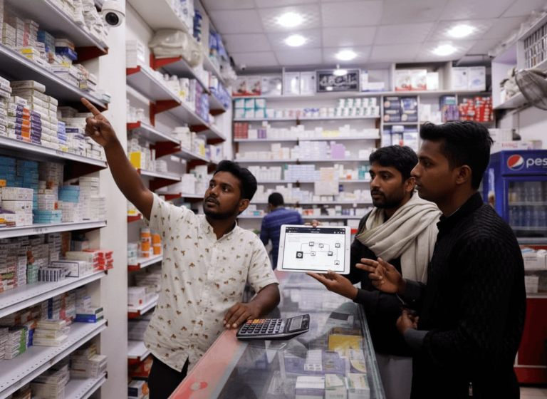 A pharmacist in a patterned shirt points to shelves of medication while another holds a tablet displaying a drug tracking interface.