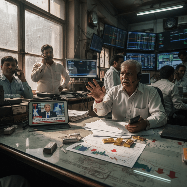 A busy trading floor with men on phones, a tablet showing Donald Trump, and physical gold and silver bars.