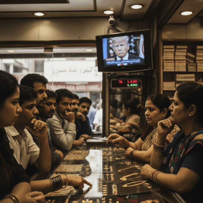 Inside a busy jewelry store, customers with thoughtful expressions look at gold items while a TV displays a news report.