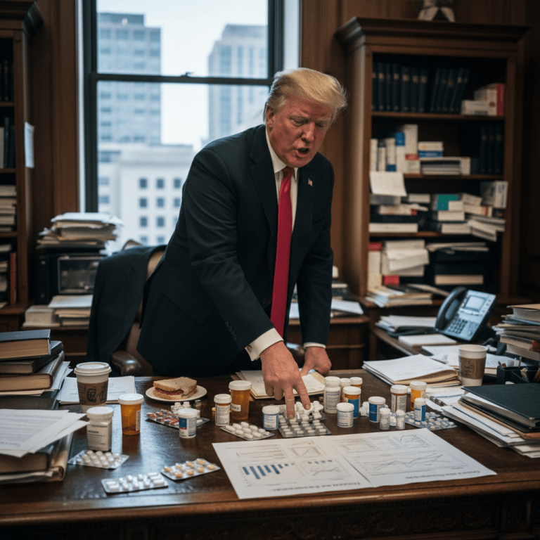 Donald Trump, in a suit, points at pills on a cluttered desk in an office with city views.