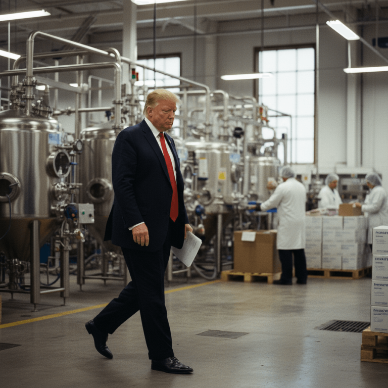 Donald Trump, in a suit and red tie, walks left through a busy pharmaceutical factory, holding papers. Workers in white coats are visible in the background.