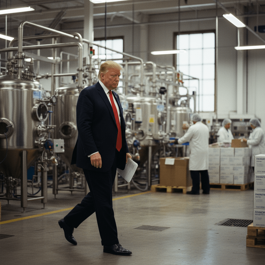 Donald Trump, in a suit and red tie, walks left through a busy pharmaceutical factory, holding papers. Workers in white coats are visible in the background.