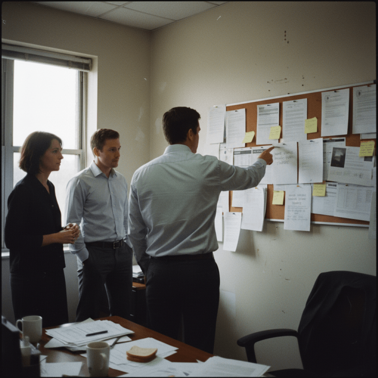Three professionals in an office, one pointing at documents on a corkboard, discussing details.