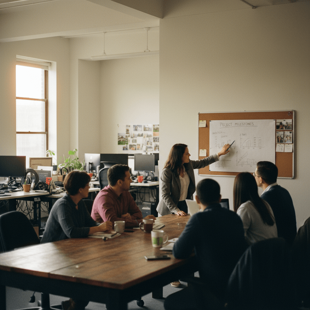 A group of diverse professionals gathered around a large wooden table in an office, attentively listening to a woman presenting at a whiteboard.