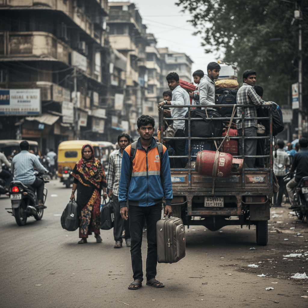 A young Indian man with a suitcase stands in a bustling street, while others pack onto a truck with LPG cylinders.