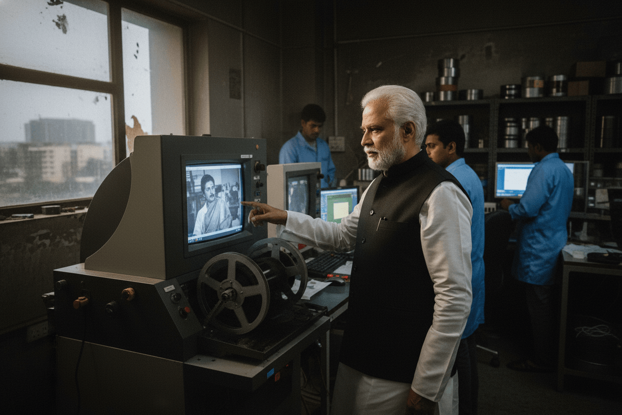 An older Indian man with white hair and beard points at a monitor displaying a classic Indian film scene.