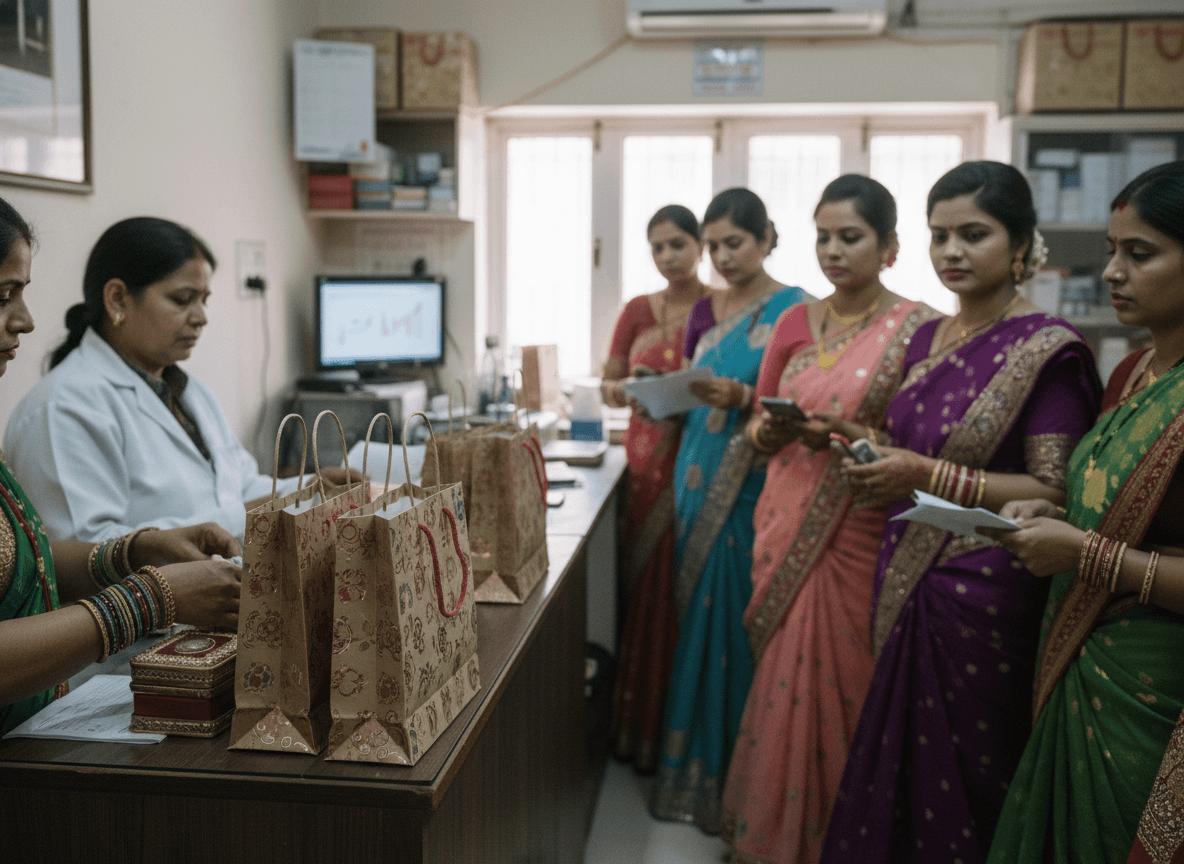 A line of women in colorful saris at a medical clinic counter, some holding papers, one packaging items.