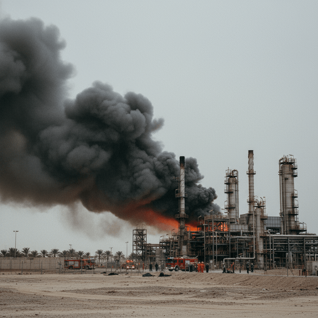 A wide shot of an industrial oil refinery with a large fire and thick black smoke rising against a pale sky.