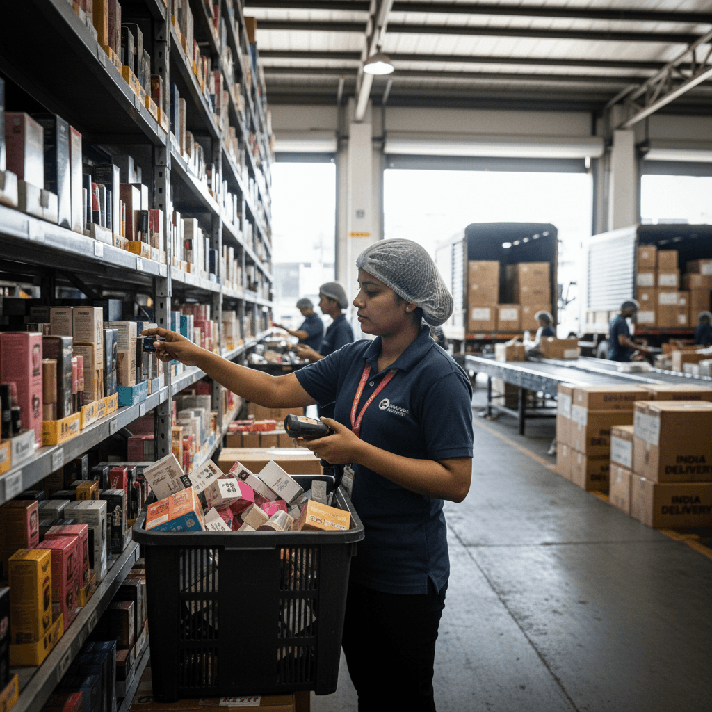 An Indian woman in a hairnet and uniform scans beauty products from a shelf in a large warehouse.
