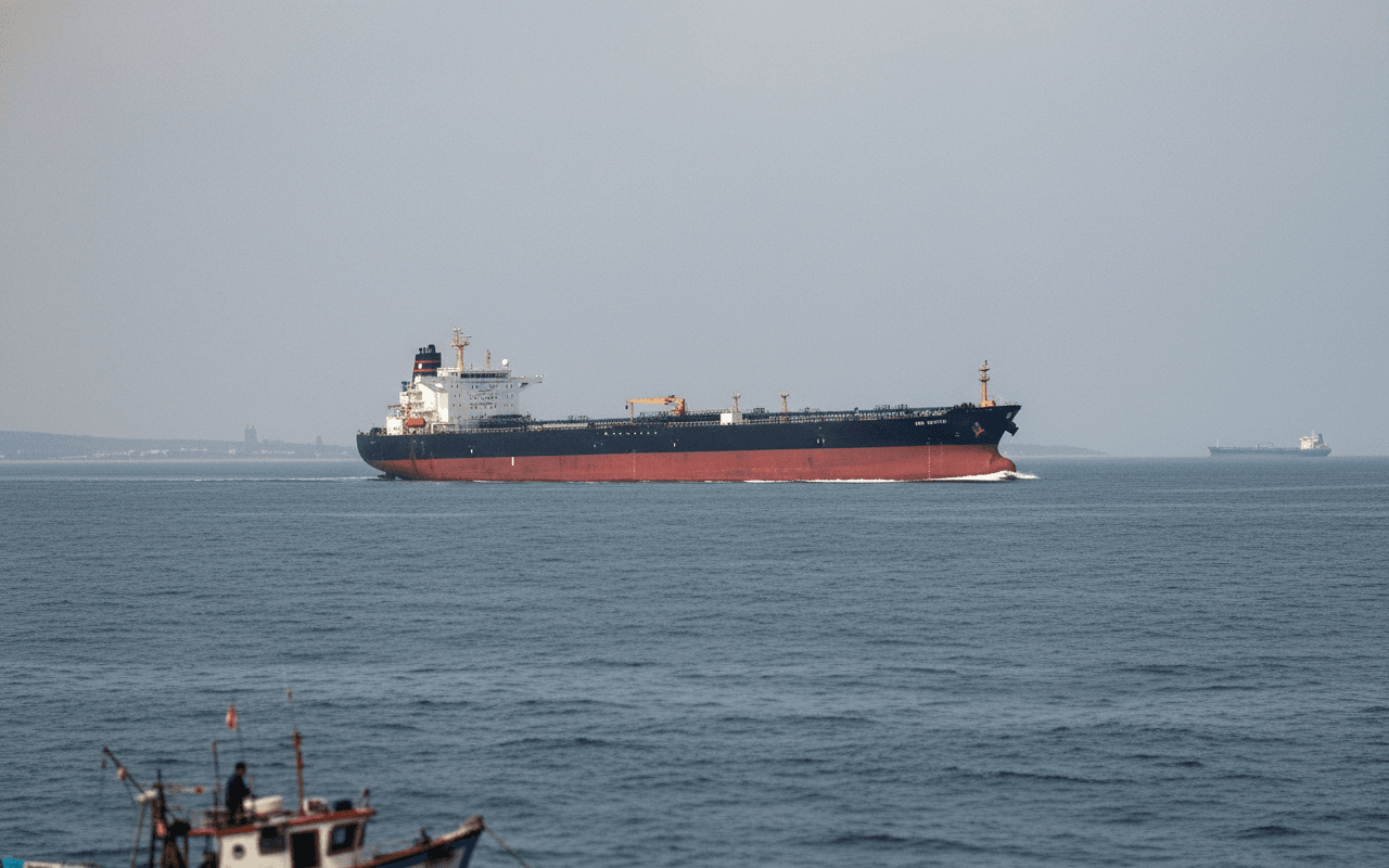 A large oil tanker with a red hull and white superstructure sails across calm blue water under a hazy sky.