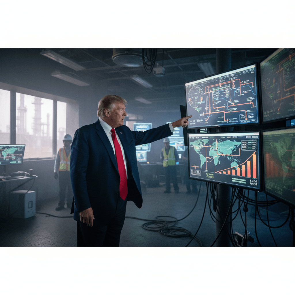 Donald Trump, in a suit and red tie, points at a large digital display showing global energy data and maps.