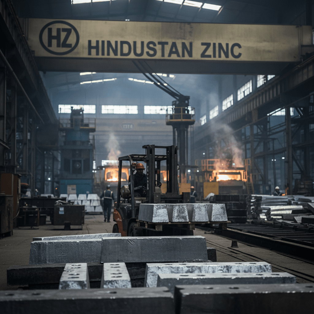 A forklift in a metal fabrication factory transports zinc ingots, with a gantry crane bearing "Hindustan Zinc" above.