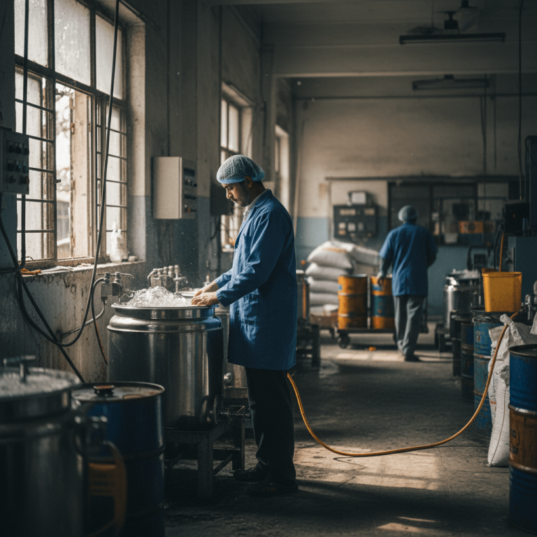 A factory worker in a blue uniform and hairnet tends to a large metal vat, illuminated by natural light from a grimy window.