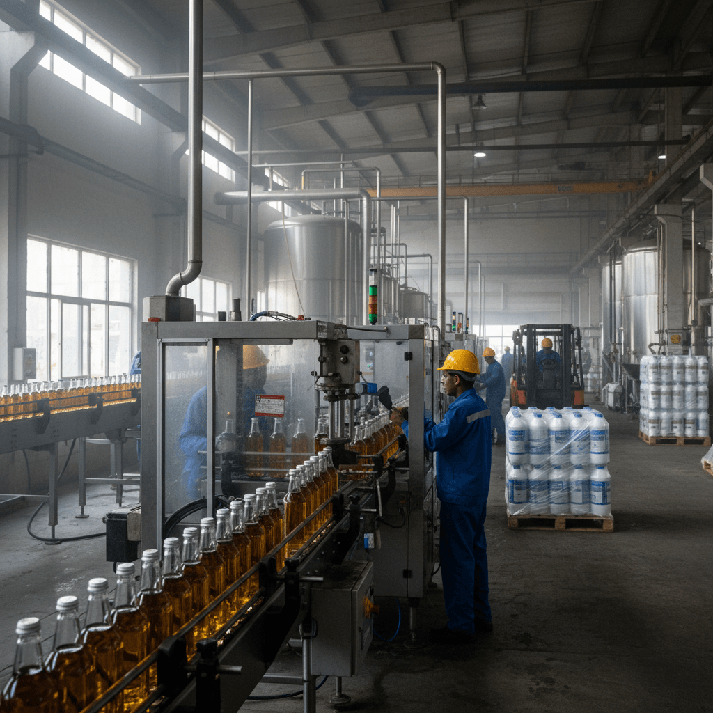 A wide shot of a bustling beverage factory floor, with workers in blue overalls and hard hats overseeing automated bottling.