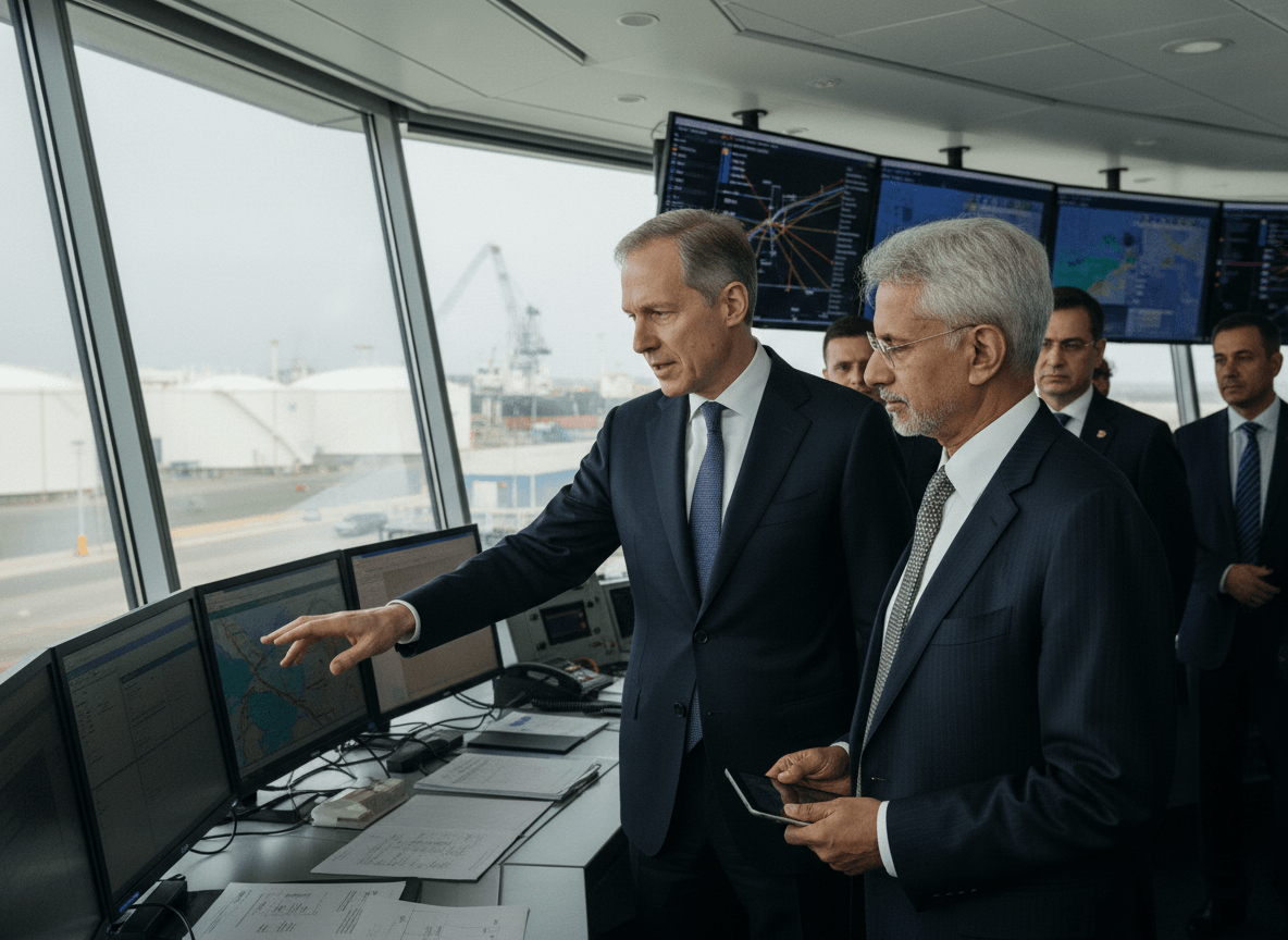 Two men in suits, one pointing at a screen showing a map, the other holding a phone, in a modern control room.