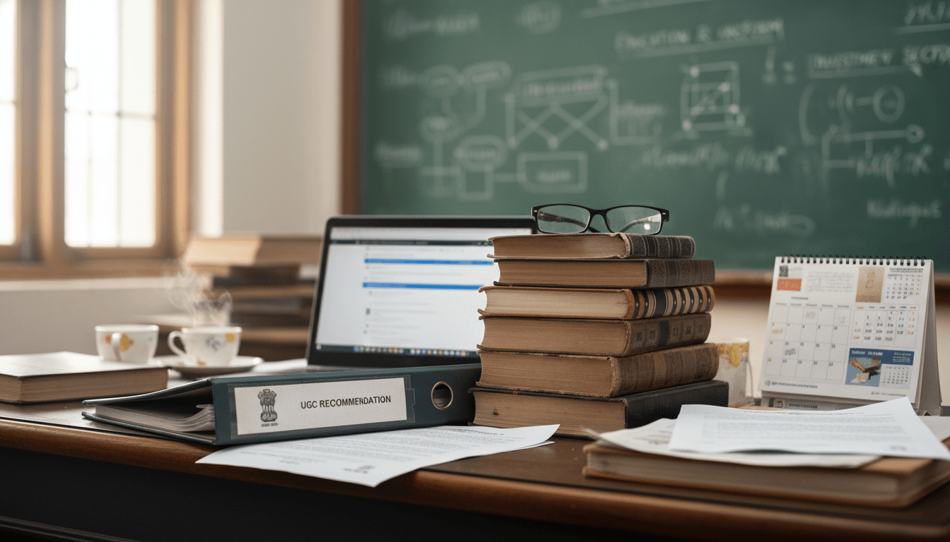 A stack of old books and a file folder marked "UGC Recommendation" on a wooden desk, with a laptop and a steaming cup in the background.