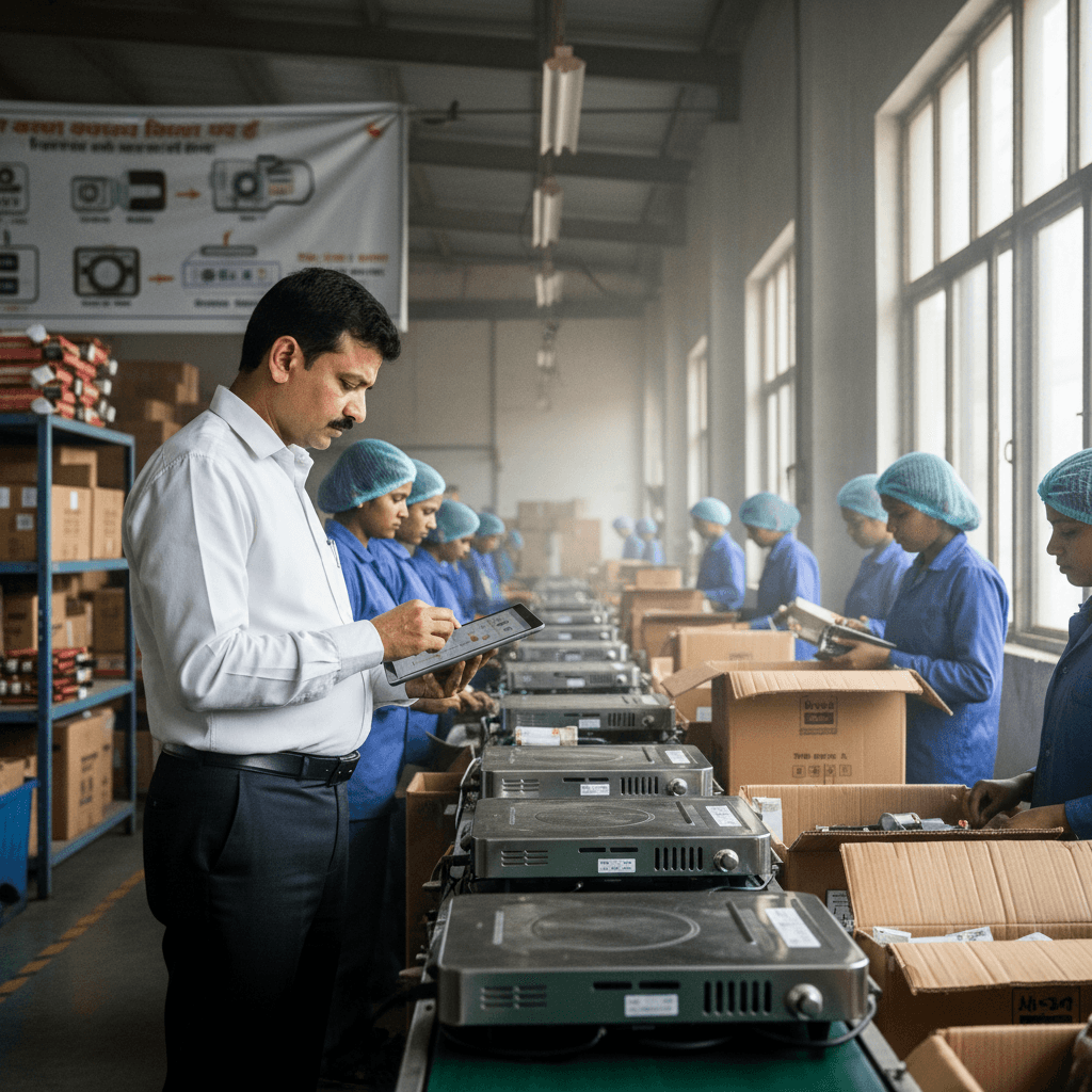 An Indian official in a white shirt reviews a tablet while workers assemble induction cookers on an assembly line.