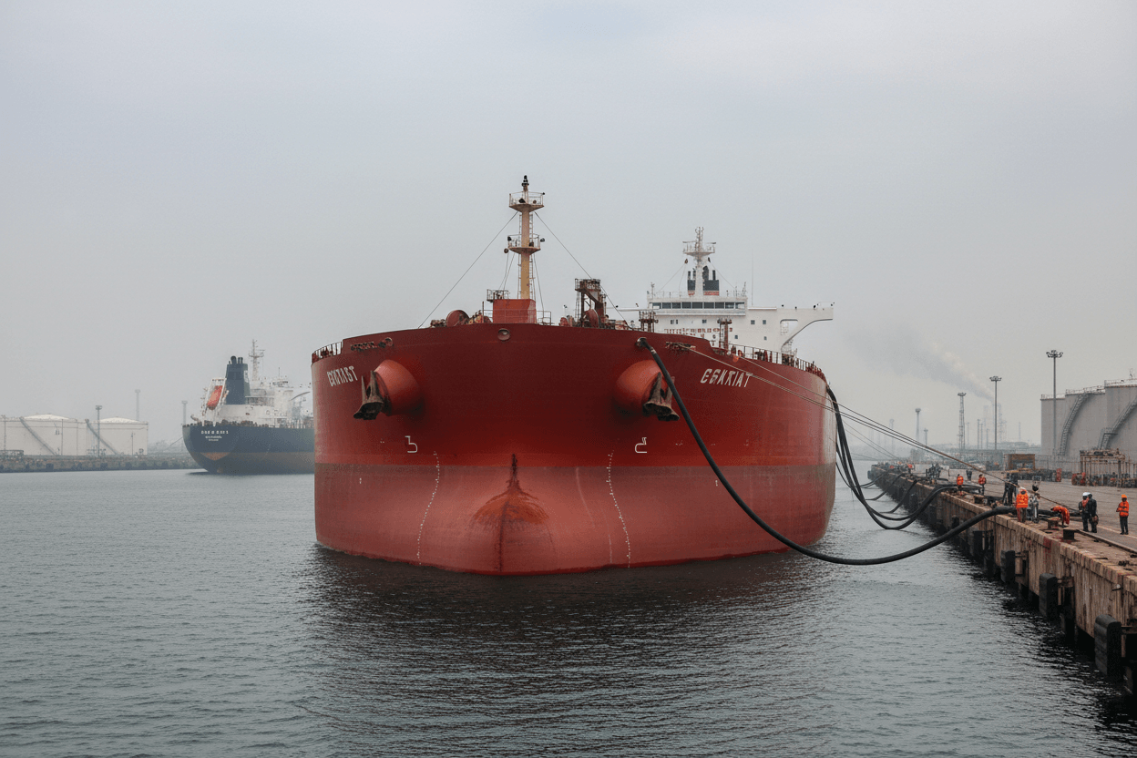 A large red oil tanker is docked at a pier under a grey sky. Workers in orange vests are visible on the pier.