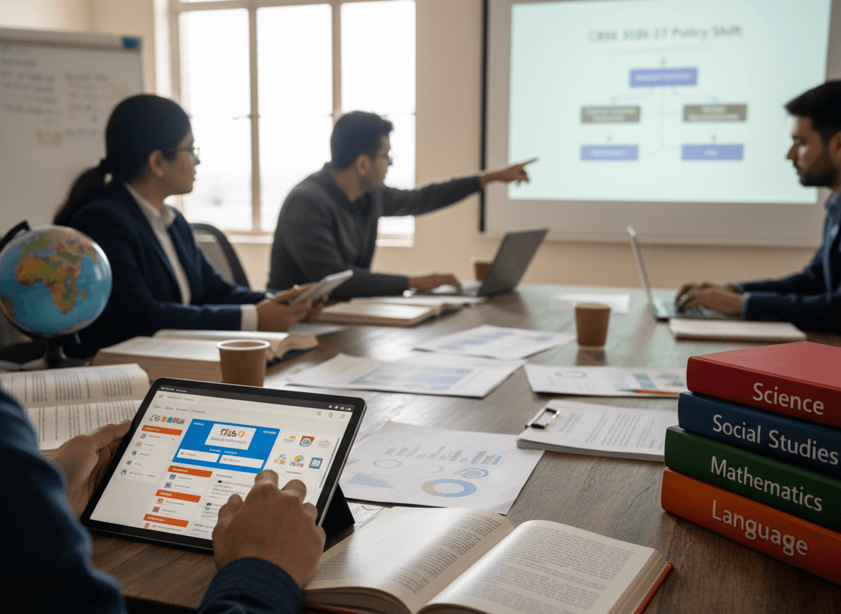 A group of Indian educators and professionals in a meeting room, discussing policy shifts with a presentation on a screen.