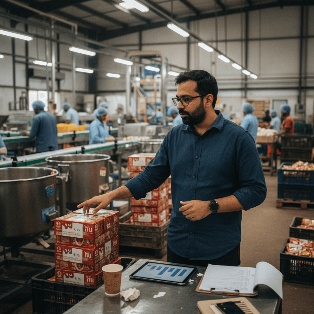 A man in glasses and a blue shirt points to stacked food boxes in a bustling food processing facility.