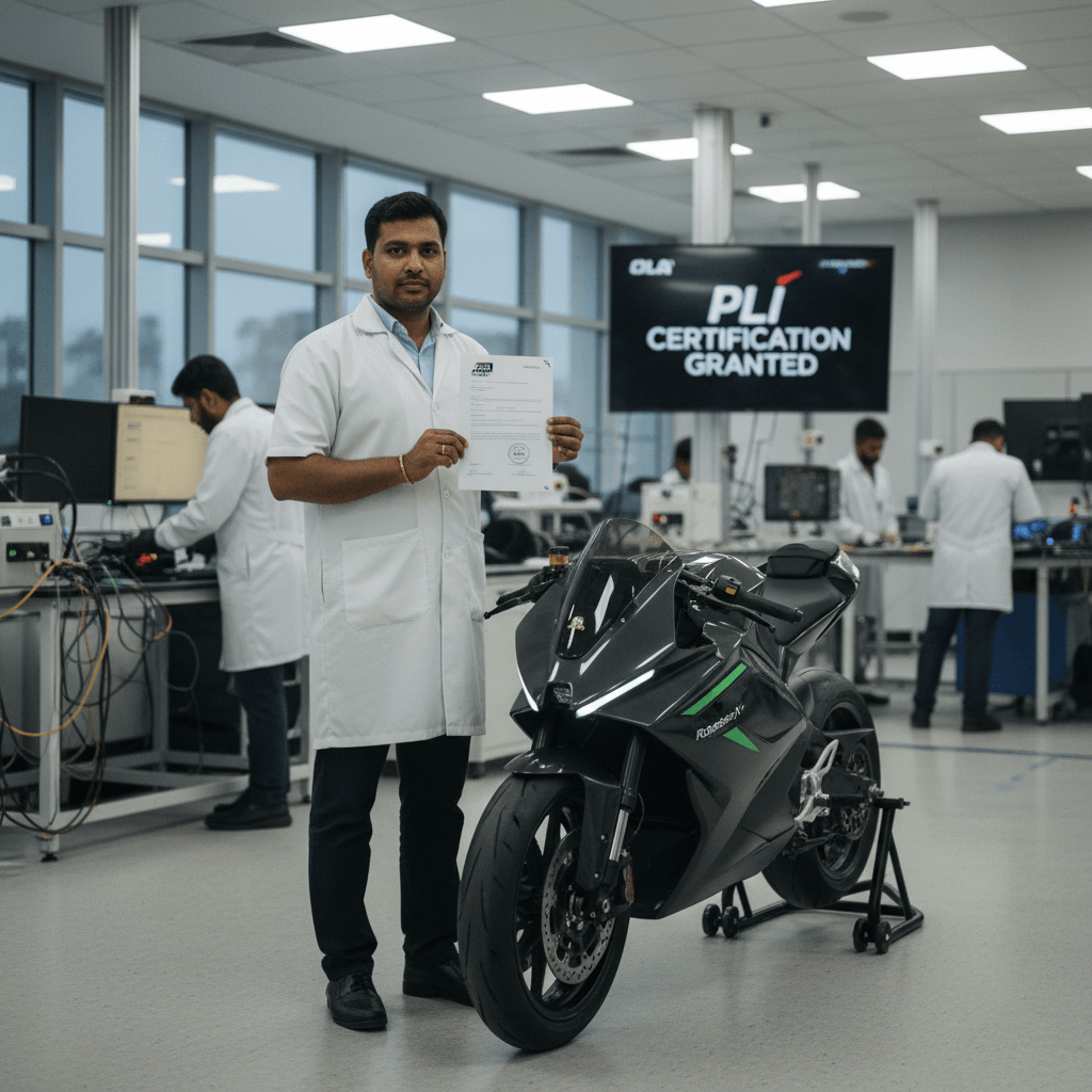 An engineer in a lab coat holds up a PLI certification document next to an Ola Electric Roadster X+ electric bike.