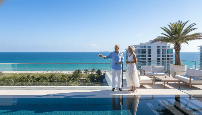 Howard Schultz, dressed in casual attire, stands on a luxurious penthouse terrace overlooking the ocean.