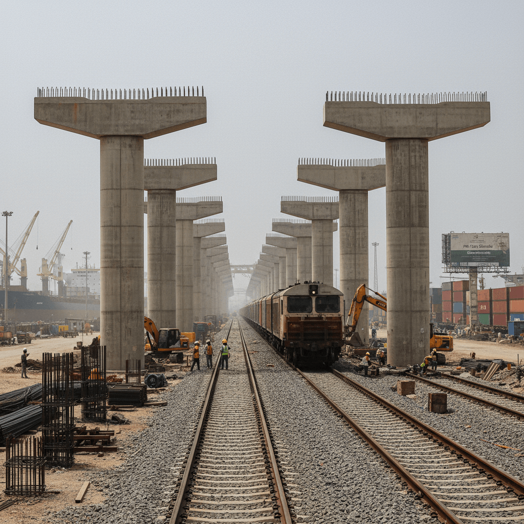 A wide shot of a multi-lane concrete road over bridge under construction, with a train passing on tracks below.