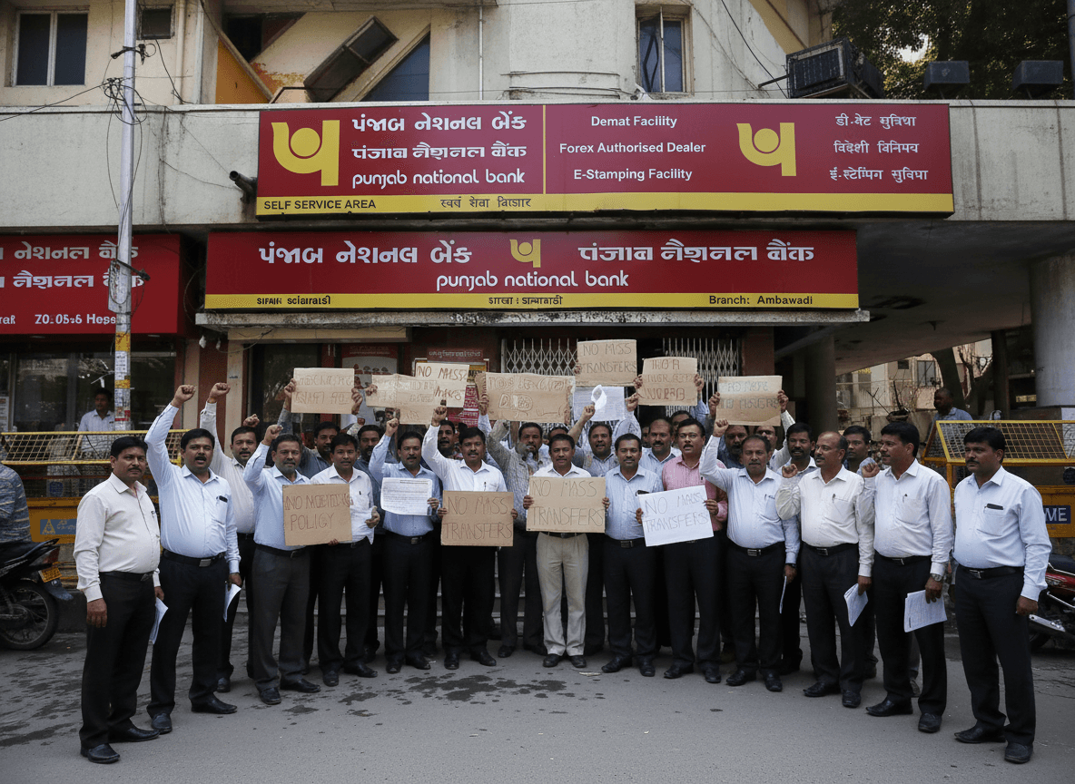 A group of male bank employees stand in front of a Punjab National Bank branch, holding protest signs.
