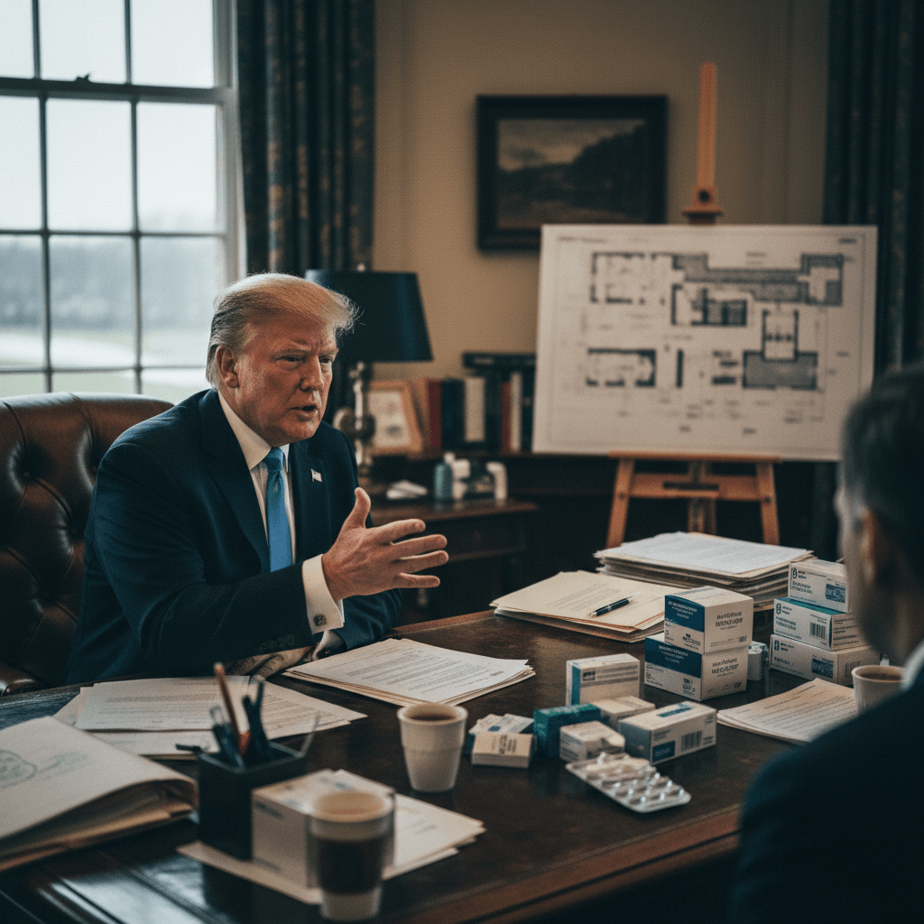 Donald Trump, seated at a desk, gestures while speaking with an unseen person, surrounded by documents and medicine boxes.