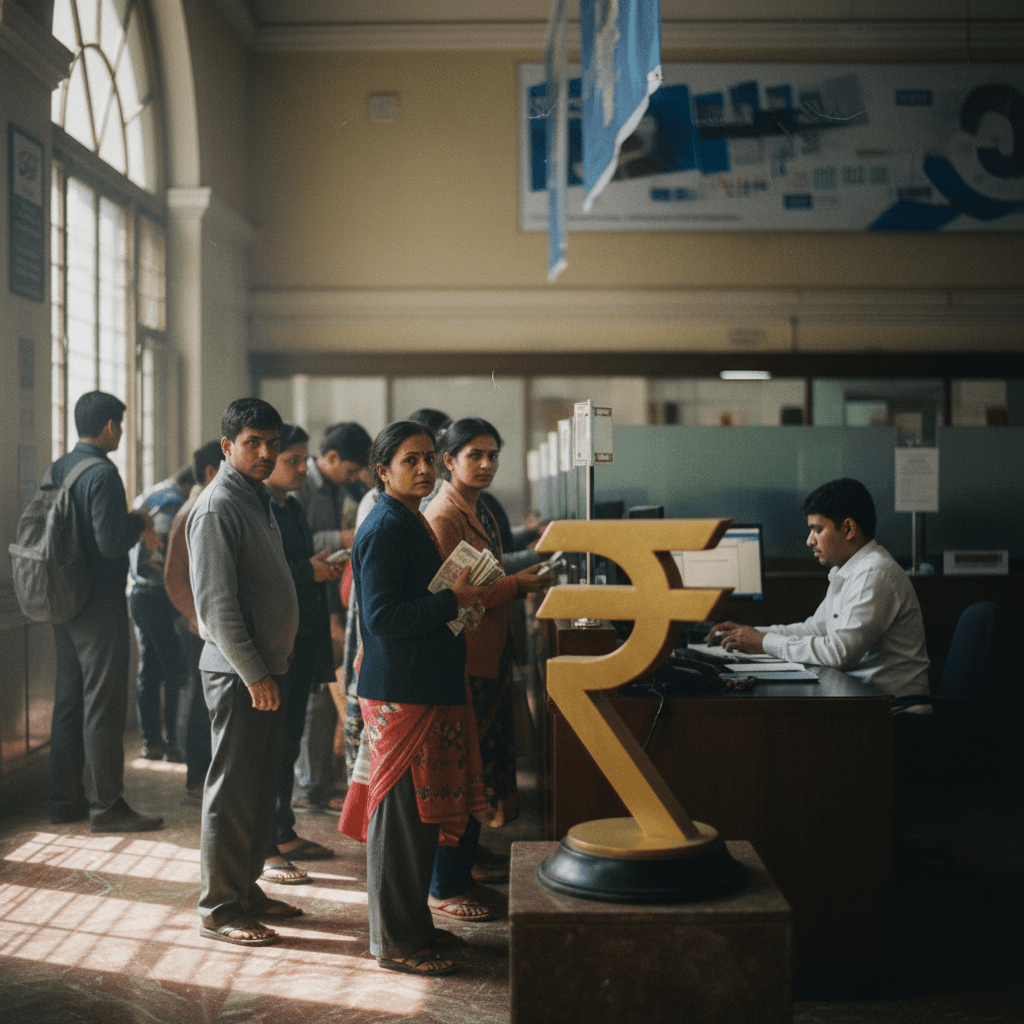 A documentary-style photograph of a busy Indian bank interior, showing people queuing and a prominent golden Rupee symbol.