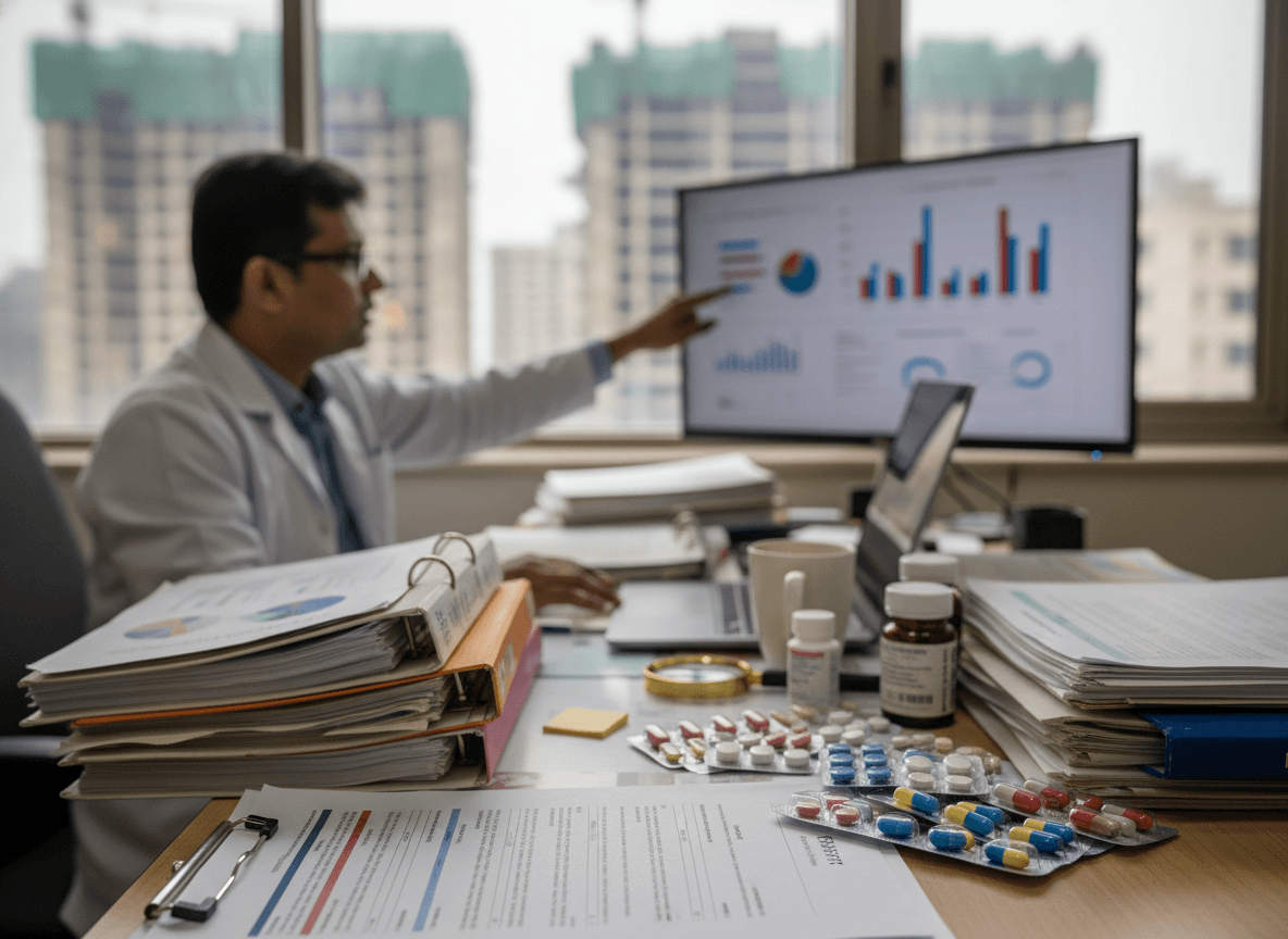 A man in a lab coat points at a monitor displaying graphs. Pills and documents clutter the desk in the foreground.
