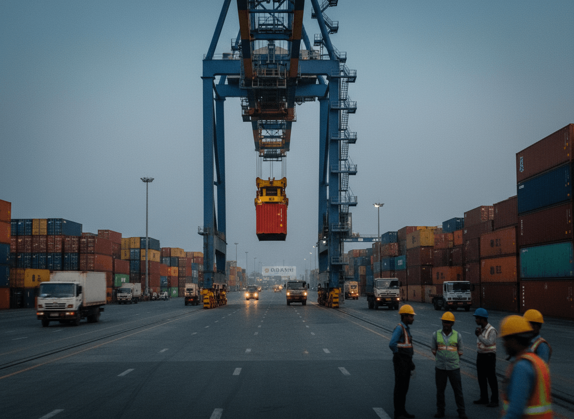 A large gantry crane lifts a red shipping container over a busy port road with stacked containers and workers.